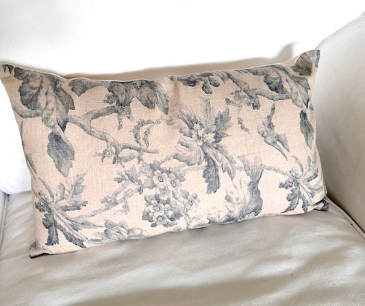Linen tan and blue floral pillow cover